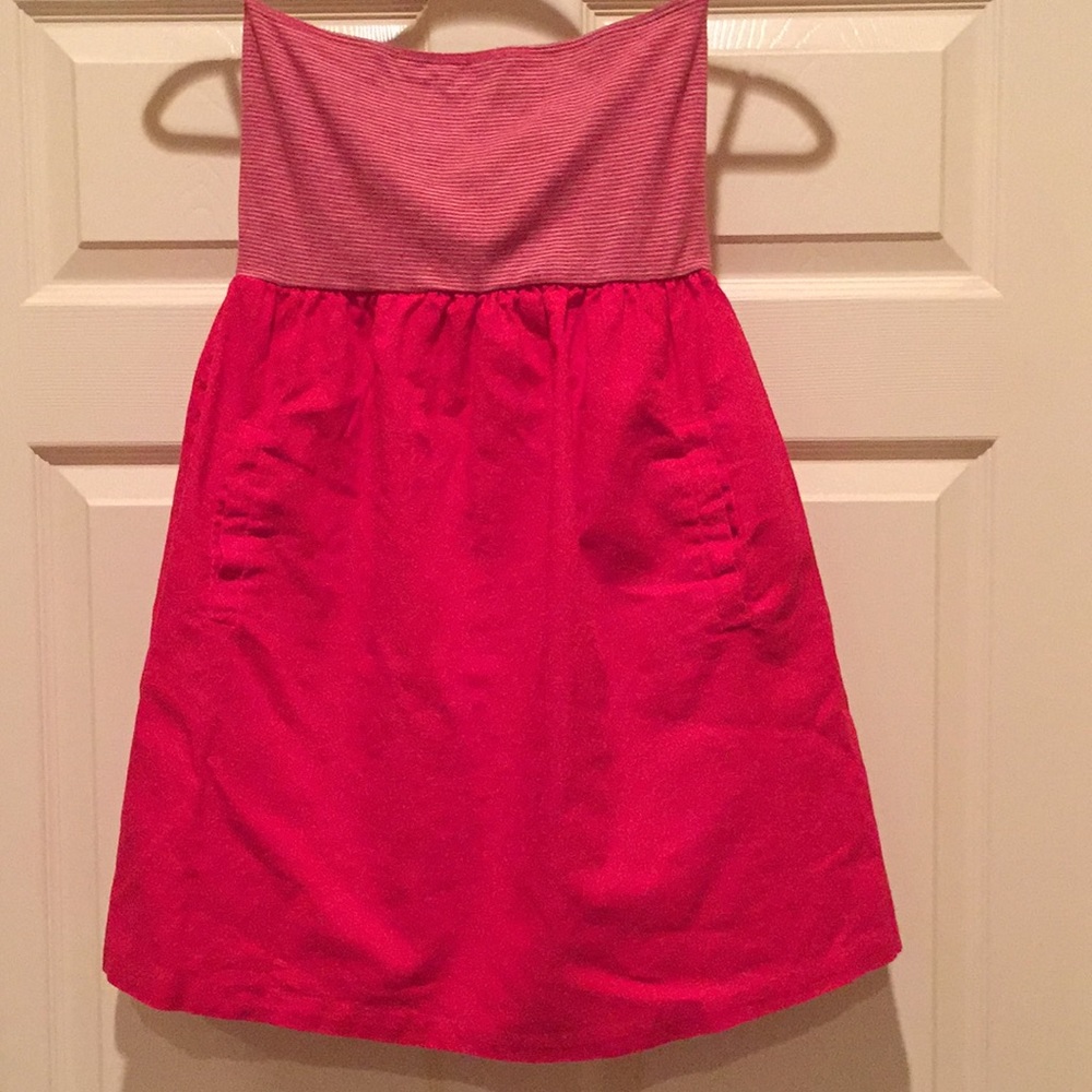 Strapless red and grey strip linen sundress